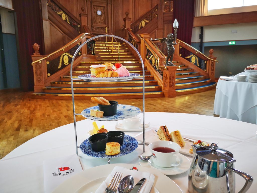 My table set for afternoon tea at the Titanic Museum in front of the Grand Staircase