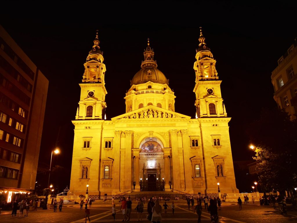 St Stephen’s Basilica in Budapest is lit up at Nightv