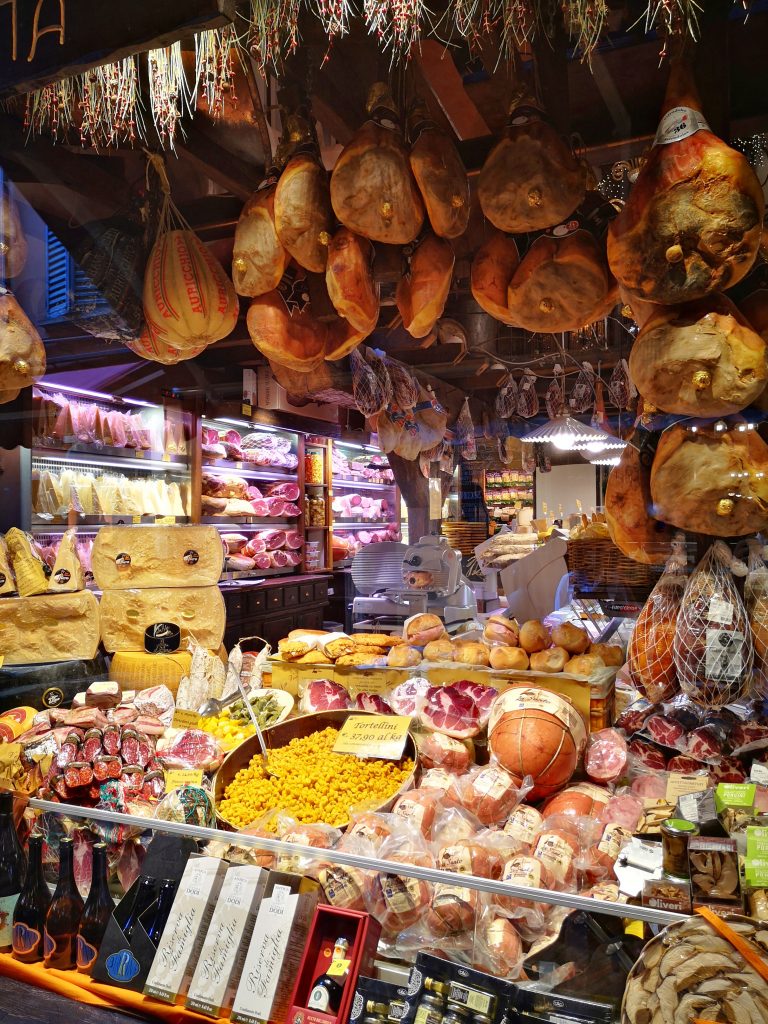 Delicious food stalls in Quadrilatero Market Bologna
