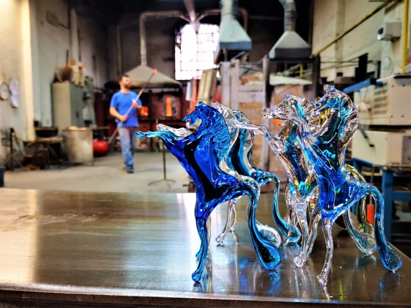 Murano Glass Blowing Demonstration - Beautiful Glass Horses in the glass factory with the glass maker in the background
