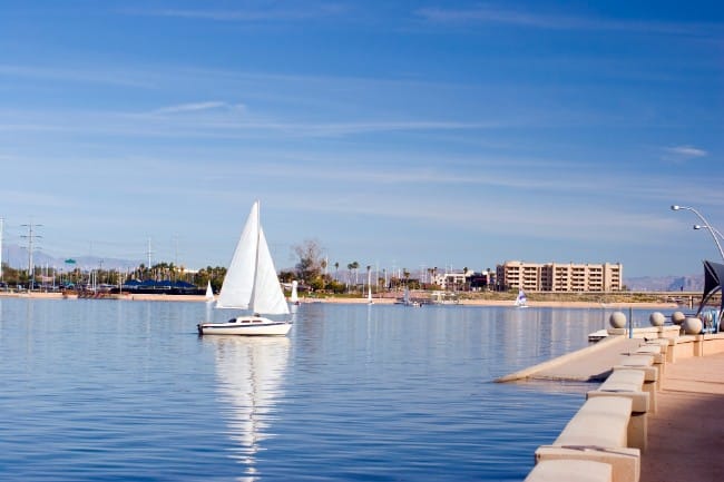 Tempe Town Lake with a white sailboat - Free Things to do in Phoenix Arizona