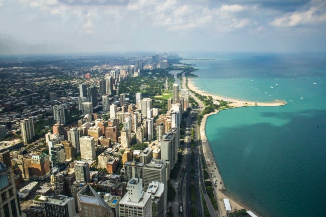 Aerial View looking north toward North Avenue Beach and Lincoln Park in Chicago