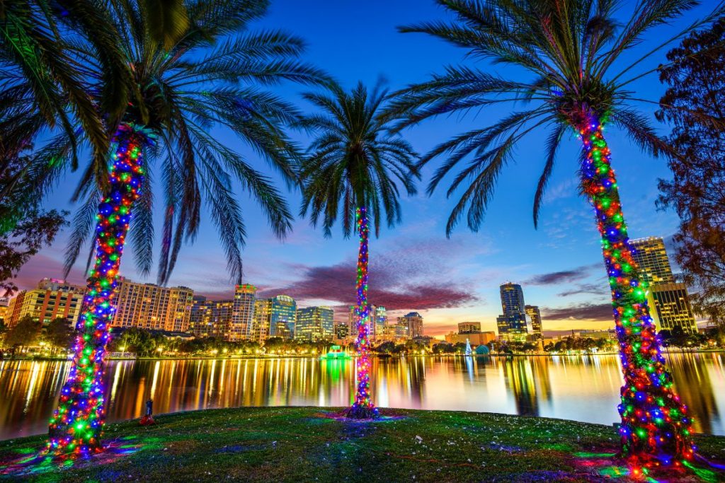 Orlando in Winter - Nighttime Orlando Skyline with Palm Trees and coloured lights
