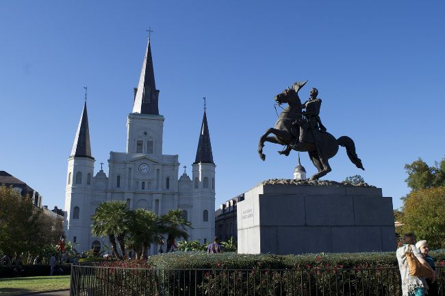 The Jackson Statue of a man on a horse in Front of the St Louis Cathedral