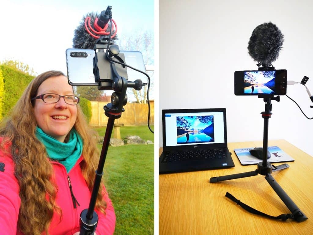 Wavo Mobile Microphone and JOBY TelePod Review - Split Image of Two Photos - One with Claire in a red coat holding the telepod as a selfie stick and the other with the telepod and a laptop on a desk