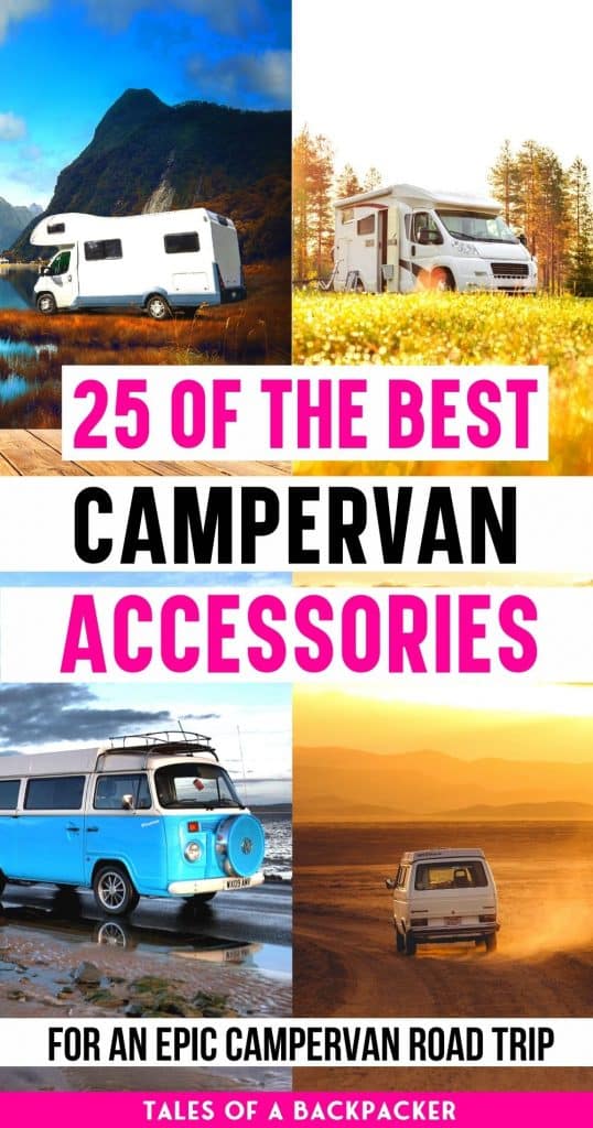 Text: 25 of the Best Campervan Accessories, with images of campervans
