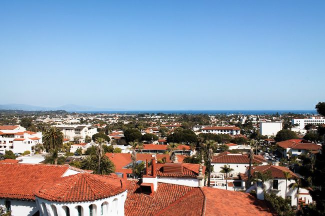 Red Tile Rooftops of Santa Barbara with blue sky 