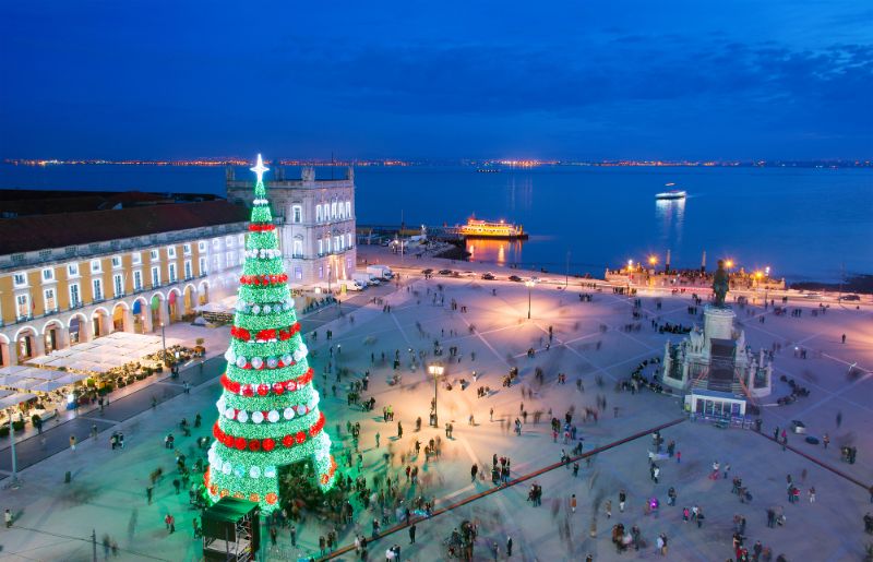 Christmas Tree Lit Up in Praca do Comercio in Lisbon