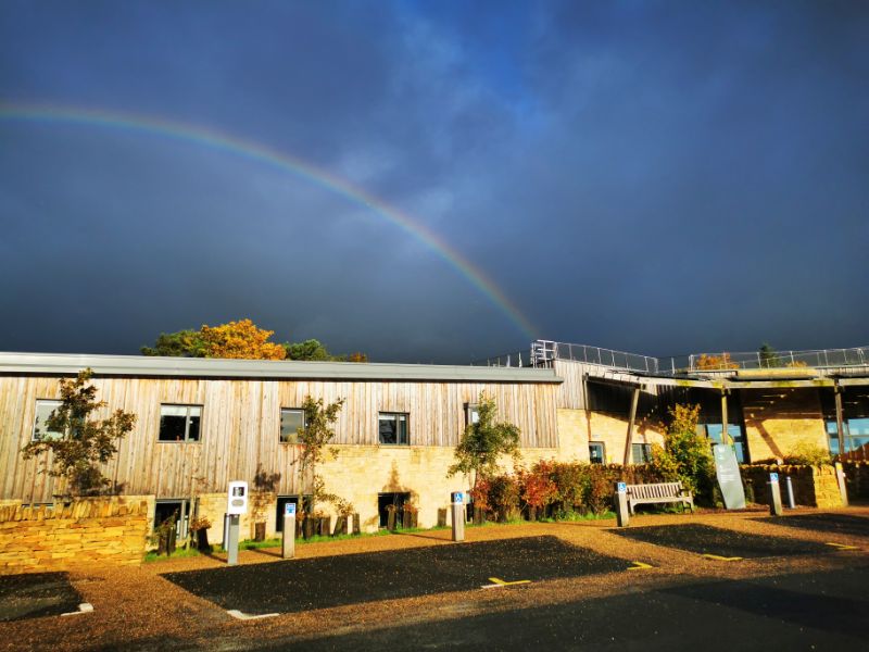 Somewhere Over the Rainbow in Northumberland - Drak clouds and a rainbow over the Sill building