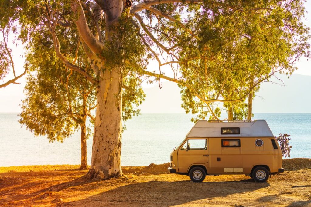 Yellow campervan underneath some trees - Tips for Renting a Van for a Road Trip