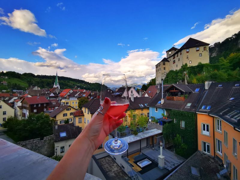 The View from the Terrace at Montforthaus with a glass of rose wine in hand