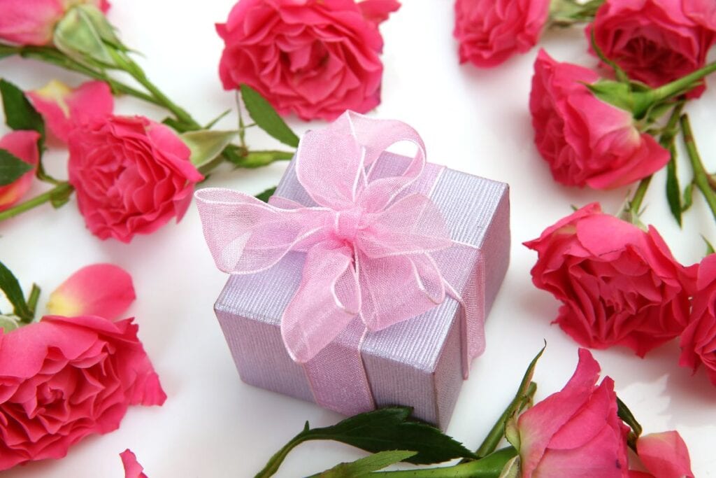 Pink Gift box surrounded by pink roses - the Best Mothers Day Travel Gifts for Mums
