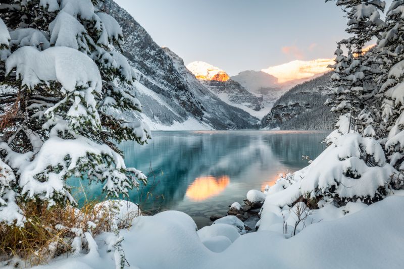 Lake Louise amid the snowy mountains of Banff