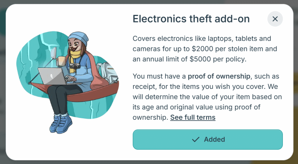 SafetyWing Electronics Theft Add on Screenshot
